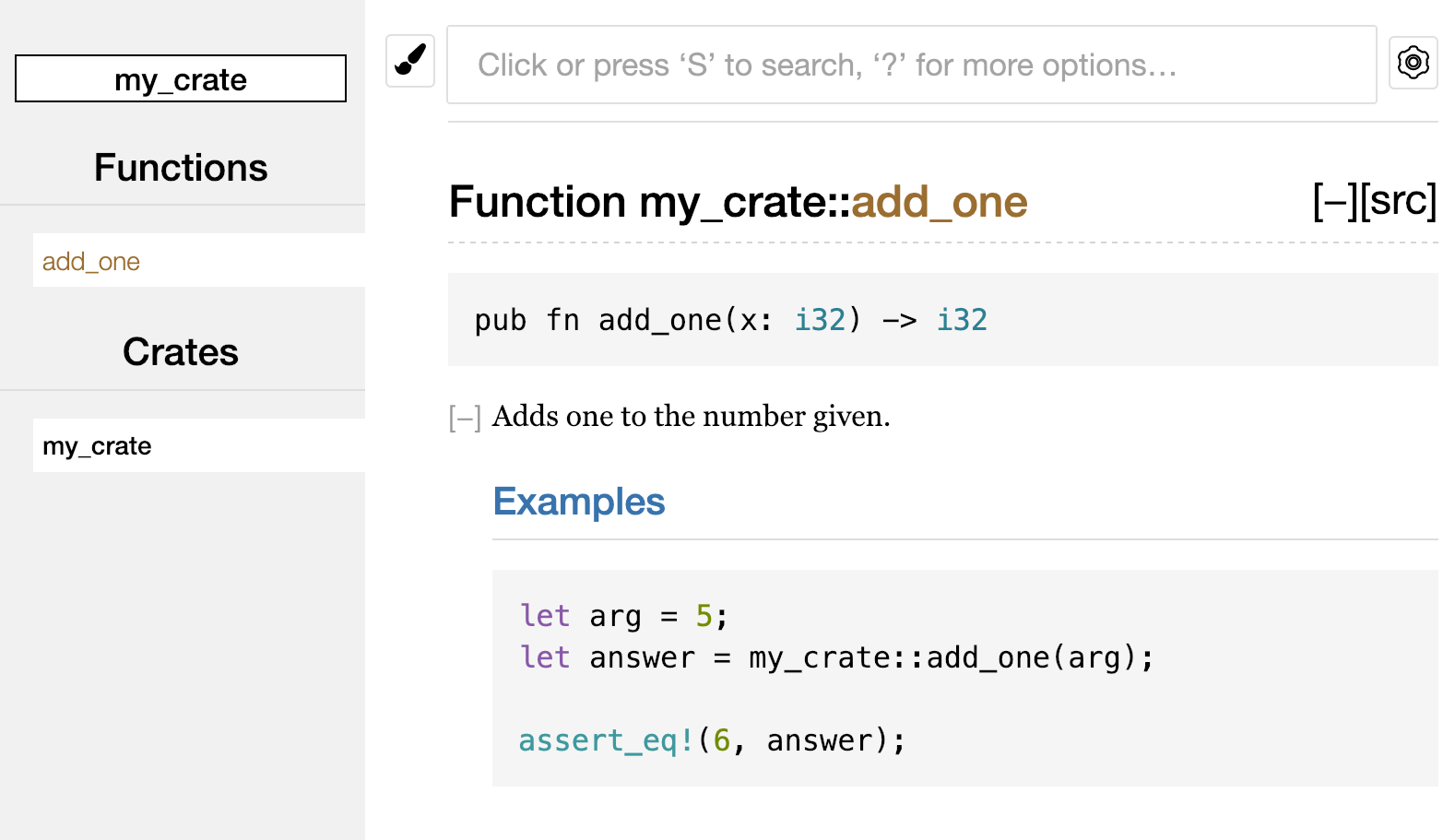 Tài liệu HTML được tạo ra cho hàm `add_one` của `my_crate`