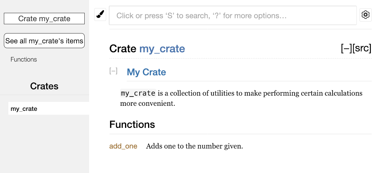 Tài liệu HTML được tạo ra với một bình luận cho toàn bộ crate