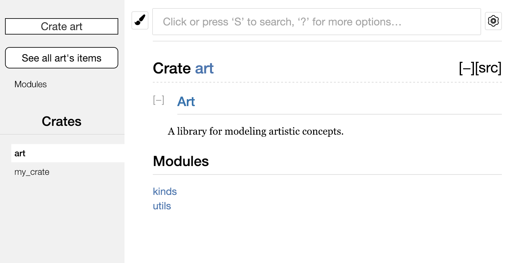 Tài liệu được tạo ra cho thư viện `art` liệt kê các module `kinds` và `utils`